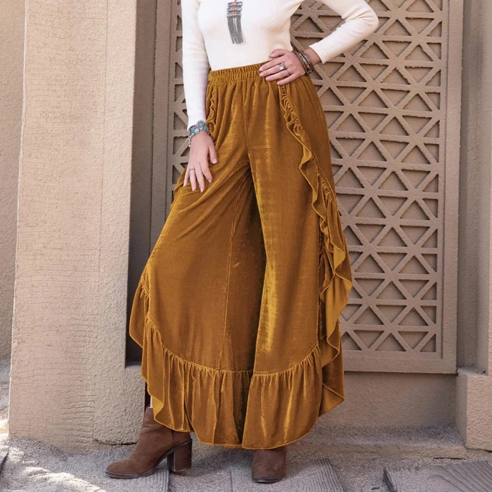 Rustty Dustty Gold Velvet Slit Leg Ruffle Wide Leg Pants - Picture 2 of 7